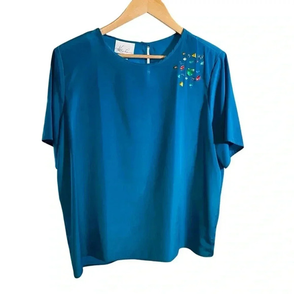 VGT Kathie Lee Collection Women's Jeweled Top Blouse Crew-neck Short Sleeve Blue - Picture 1 of 10